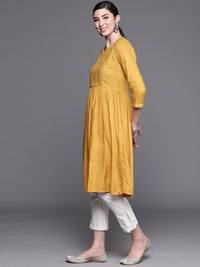 Thumbnail for Biba Women Mustard Yellow Embroidered Mirror Work Yoke Design A-Line Kurta - Distacart