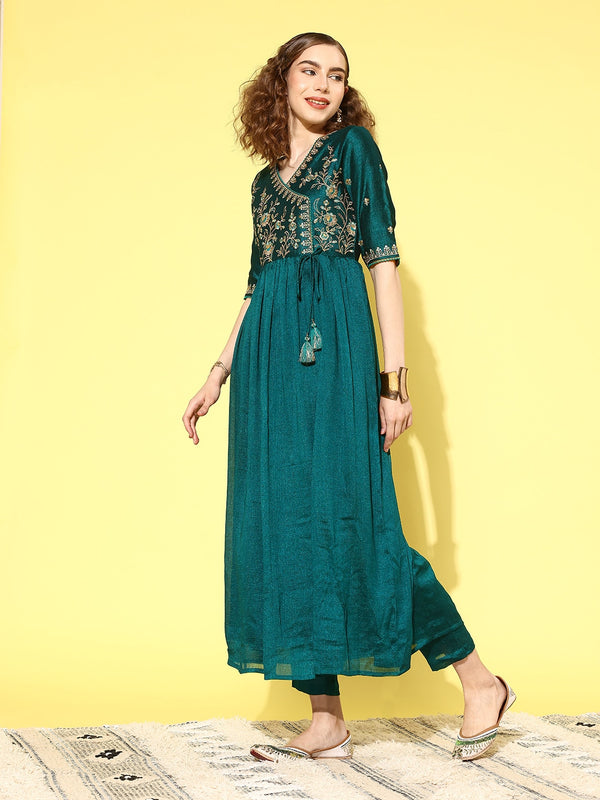 Sangria Women Floral Embroidered Angrakha Kurta with Trousers & With Dupatta - Distacart