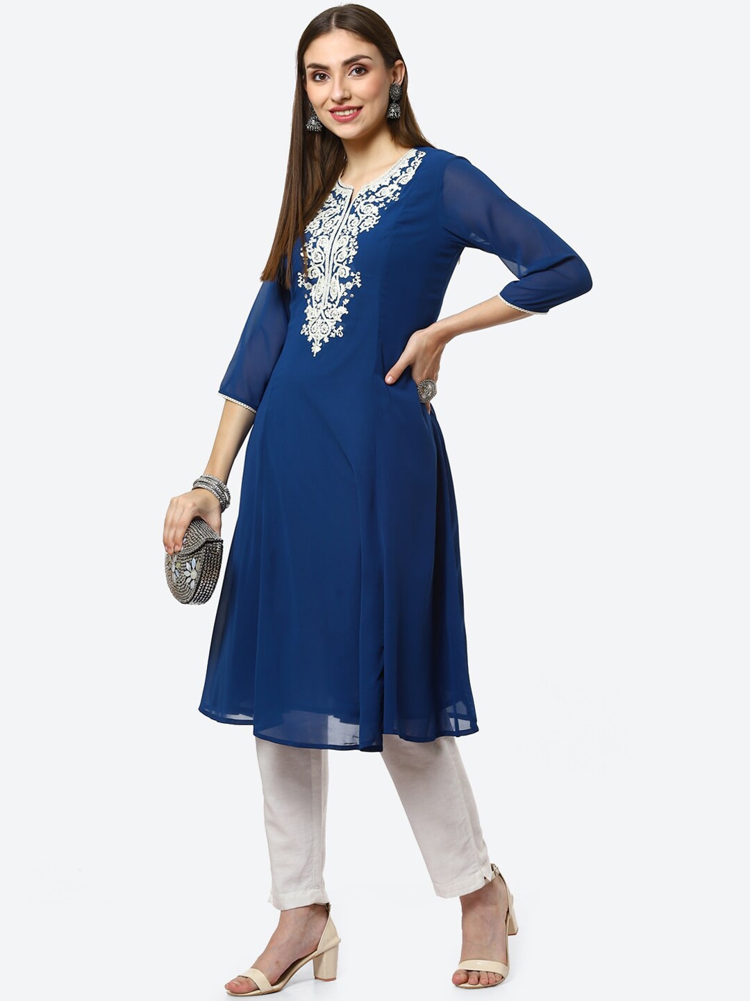 Biba Women Navy Blue Yoke Design Thread Work Kurta - Distacart