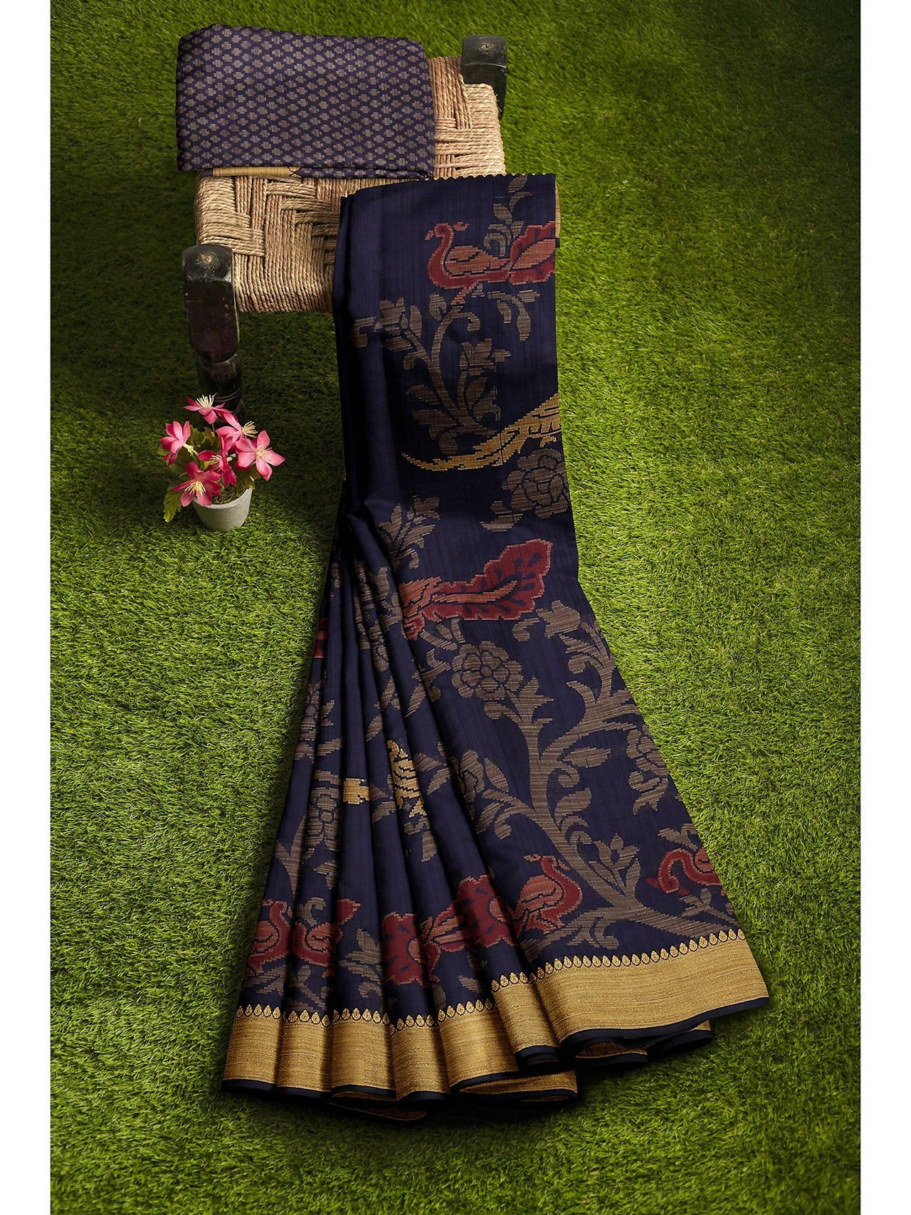 Mimosa Women's Kanchipuram Art Silk Navy Blue Saree - Distacart