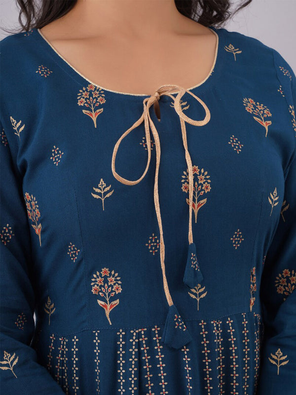 Kalini Woman Navy Blue Ethnic Motifs Printed Keyhole Neck Floral Anarkali Kurta - Distacart