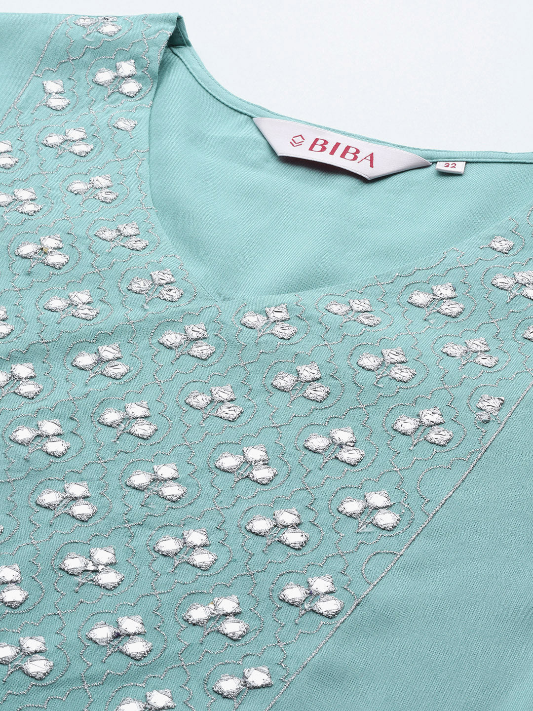 Biba Women Yoke Design Mirror Work Straight Kurta with Trousers & Dupatta - Distacart