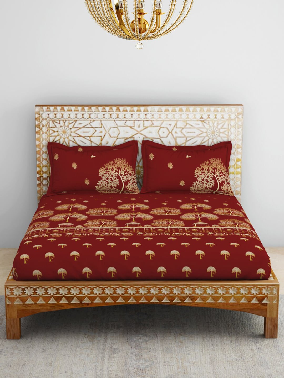 SPACES Red & Yellow Ethnic Motifs Cotton 210 TC King Bedsheet With 2 Pillow Covers - Distacart
