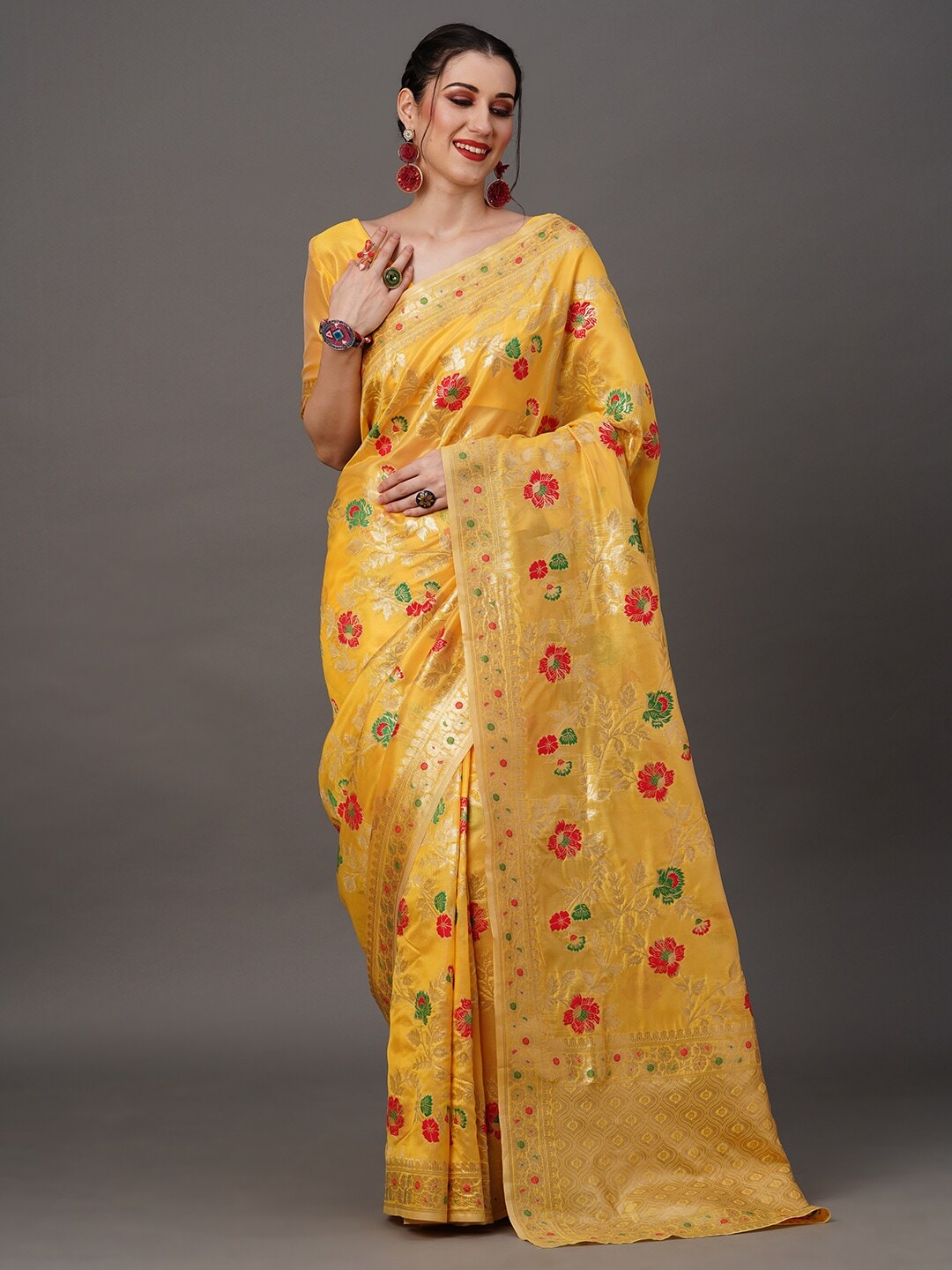 Mitera Floral Organza Banarasi Zari Saree With Blouse Piece - Distacart