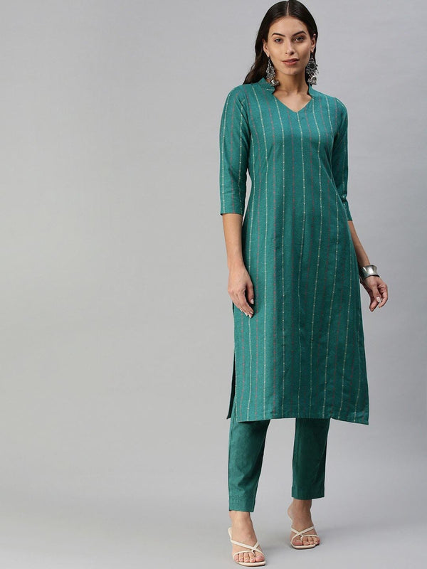 Kalini Mandarin Collar Woven Design Kurta with Trousers - Distacart