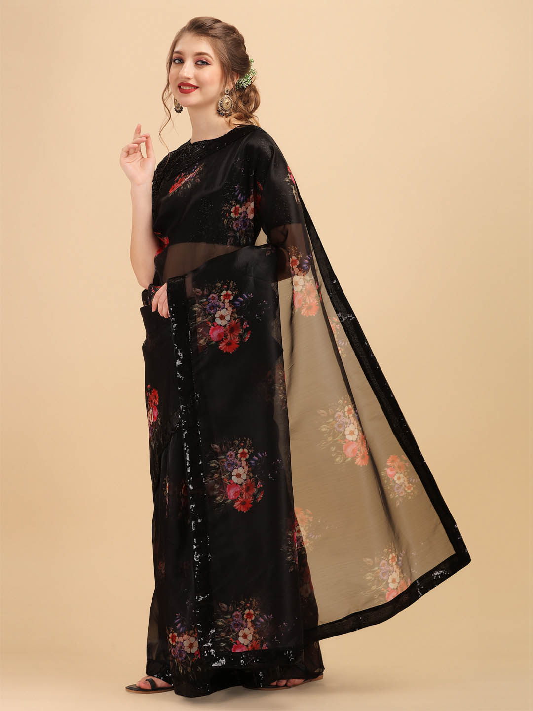 Sangria Black & Coral Floral Sequinned Organza Celebrity Saree - Distacart