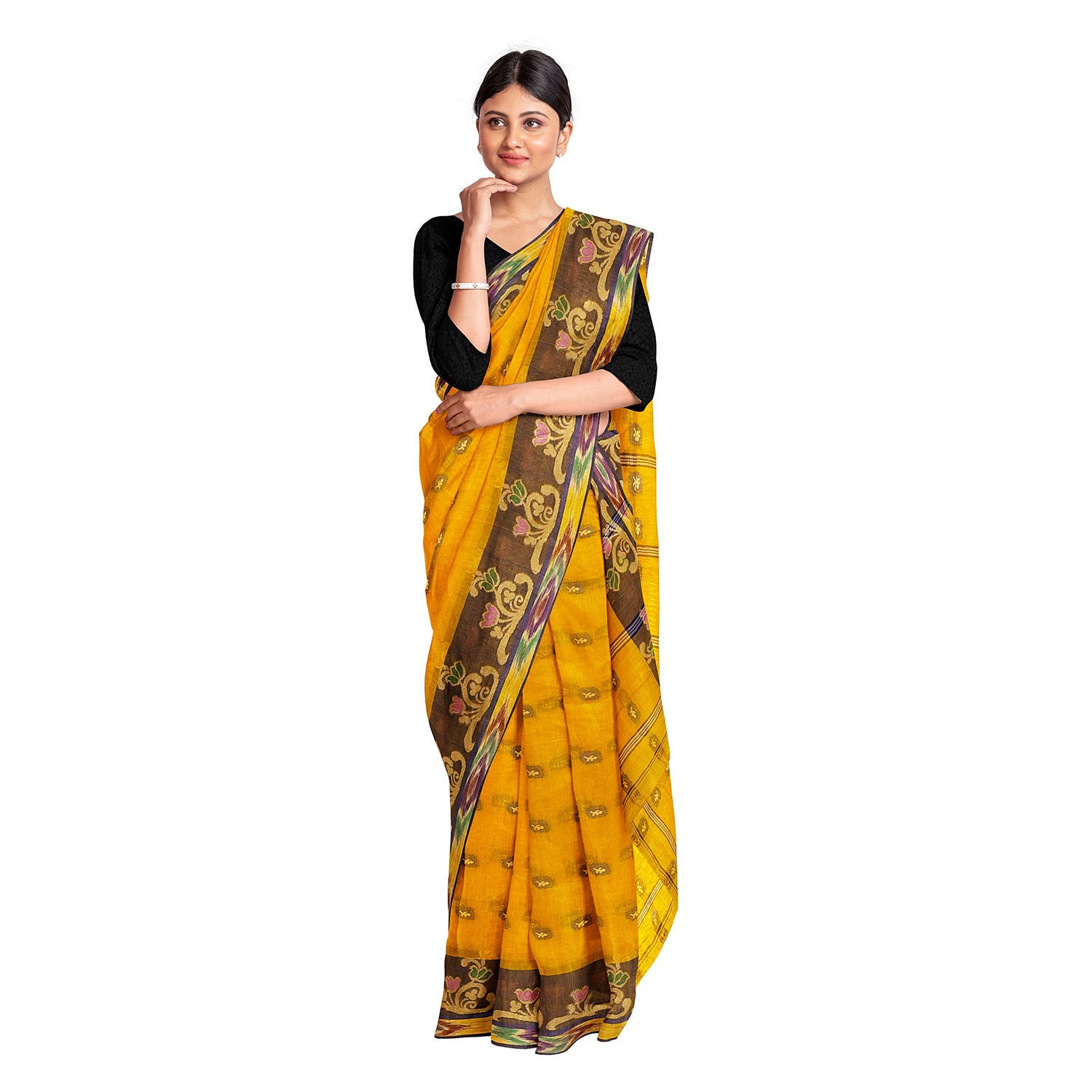 Exclusive Collection 100% Pure Cotton Golden Yellow Tant Saree With Hand Weaving Work - Distacart
