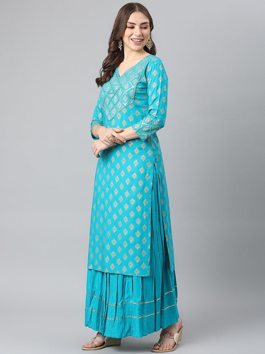 Kalini Women Turquoise Blue Ethnic Motifs Printed Gotta Patti Kurta with Skirt - Distacart
