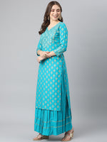 Thumbnail for Kalini Women Turquoise Blue Ethnic Motifs Printed Gotta Patti Kurta with Skirt - Distacart