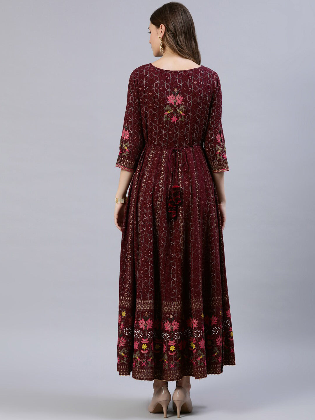Jaipur Kurti Women Burgundy & Gold-Toned Floral Printed Anarkali Kurta - Distacart