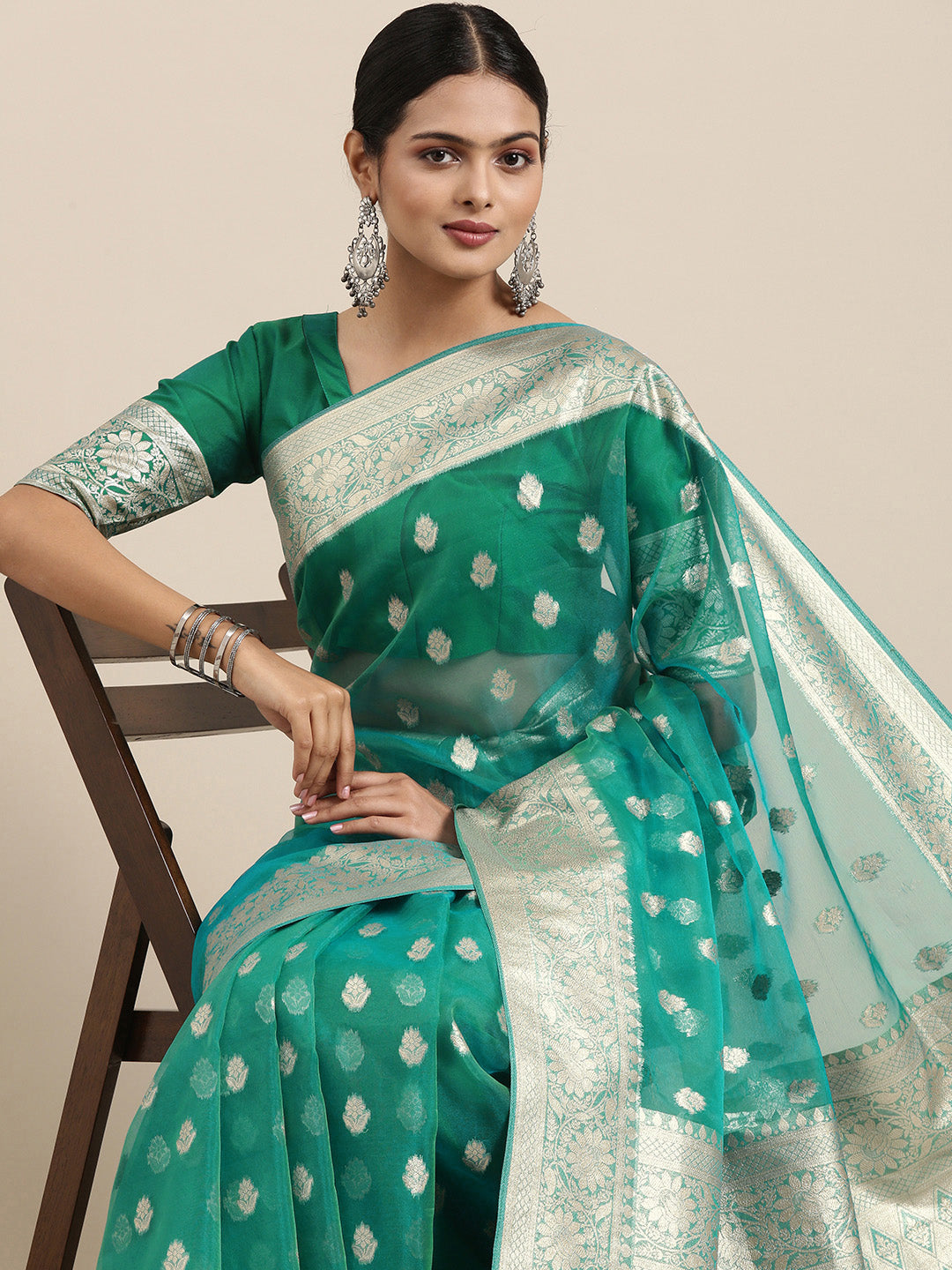 Saree Mall Green Ethnic Motifs Zari Organza Banarasi Saree - Distacart