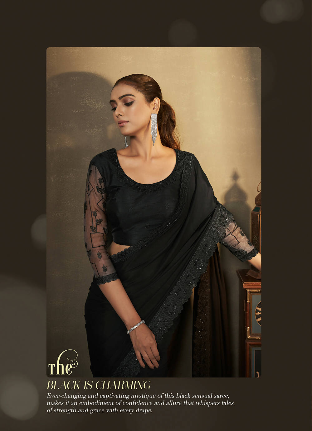 Black Satin Silk Floral Embroidered with Swaroski Work Saree With Unstitched Blouse Piece - Norita Royal Erisha - Distacart