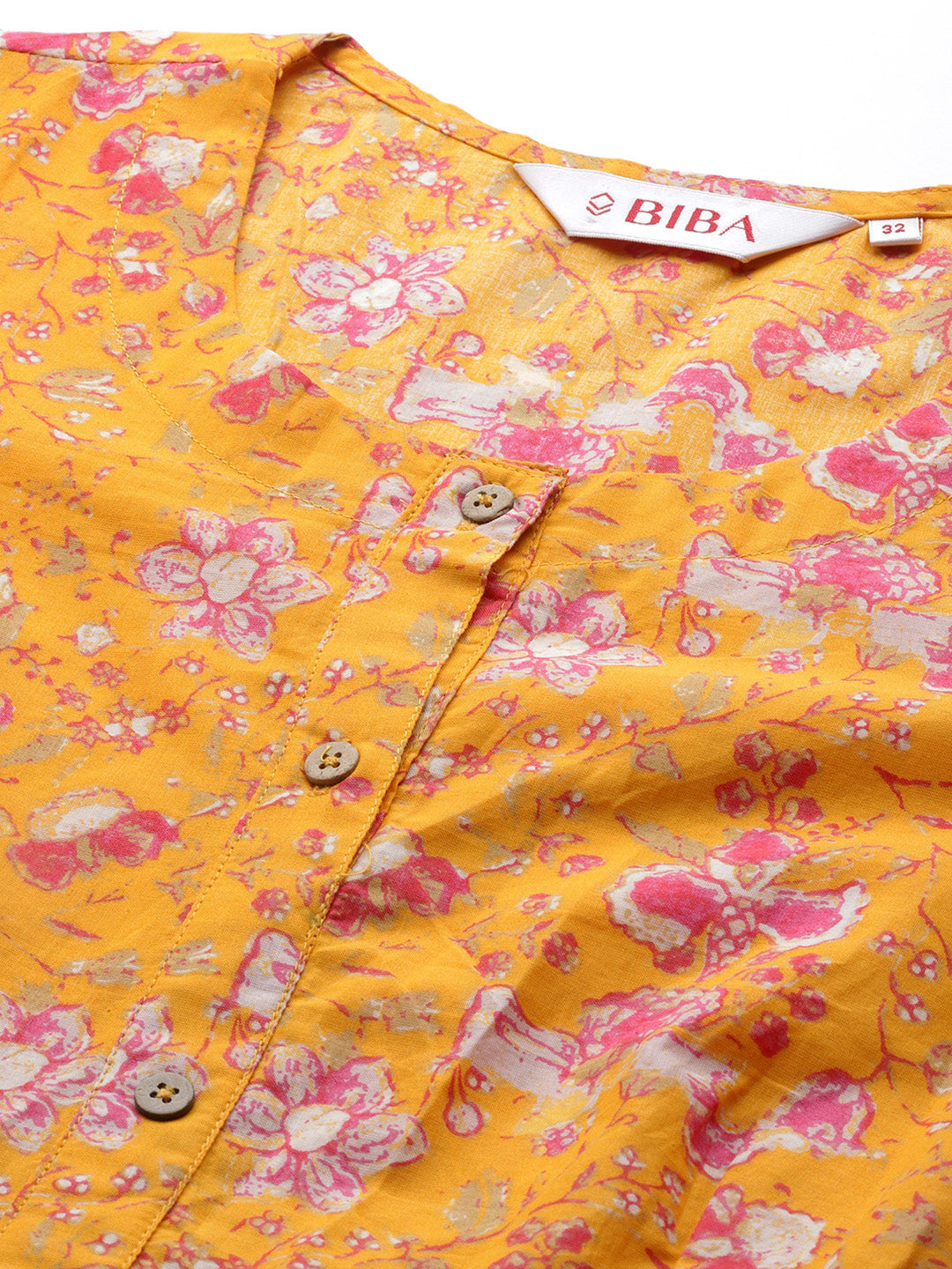 Biba Women Printed Gathered Waist A-Line Kurta with Solid Trousers - Distacart