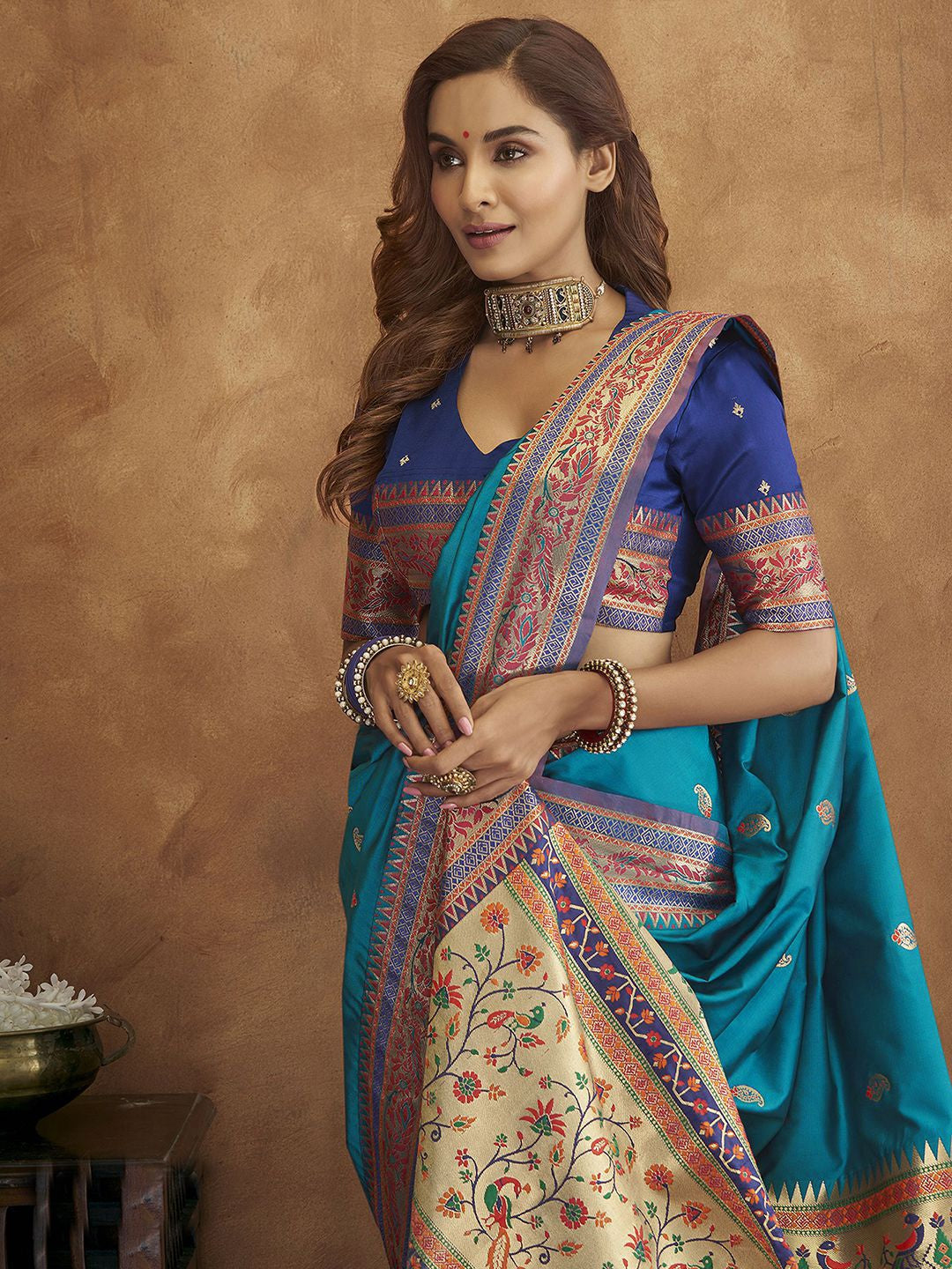 Mitera Blue & Red Woven Design Zari Silk Blend Paithani Saree - Distacart