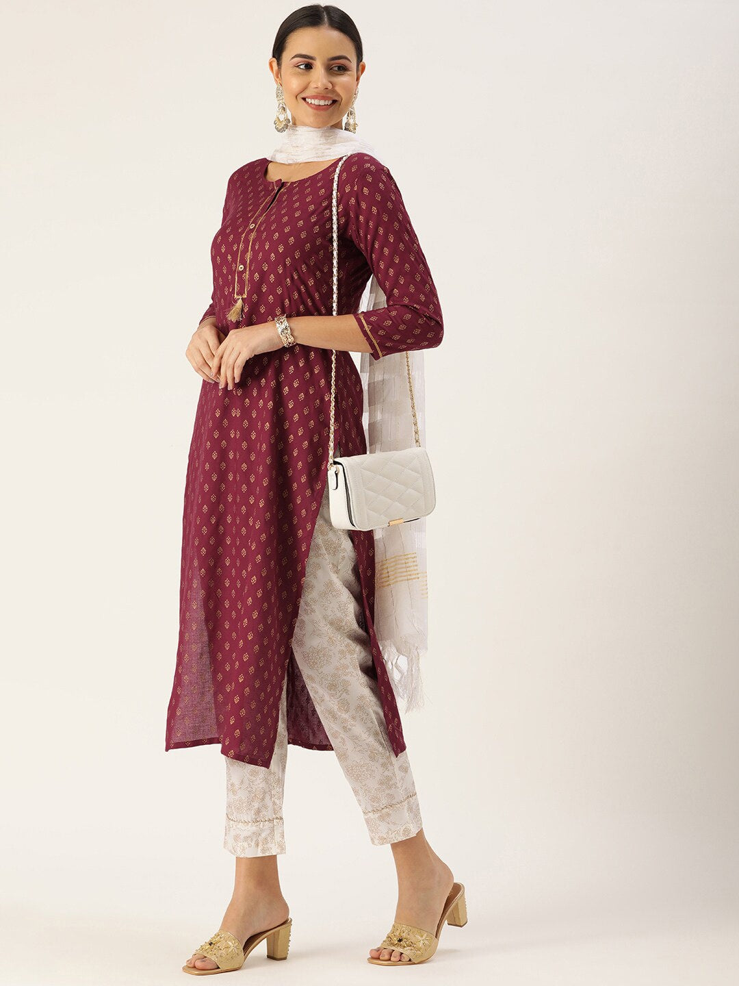 HERE&NOW Women Maroon Ethnic Printed Kurta with Trousers & With Dupatta - Distacart