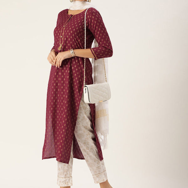 HERE&NOW Women Maroon Ethnic Printed Kurta with Trousers & With Dupatta - Distacart