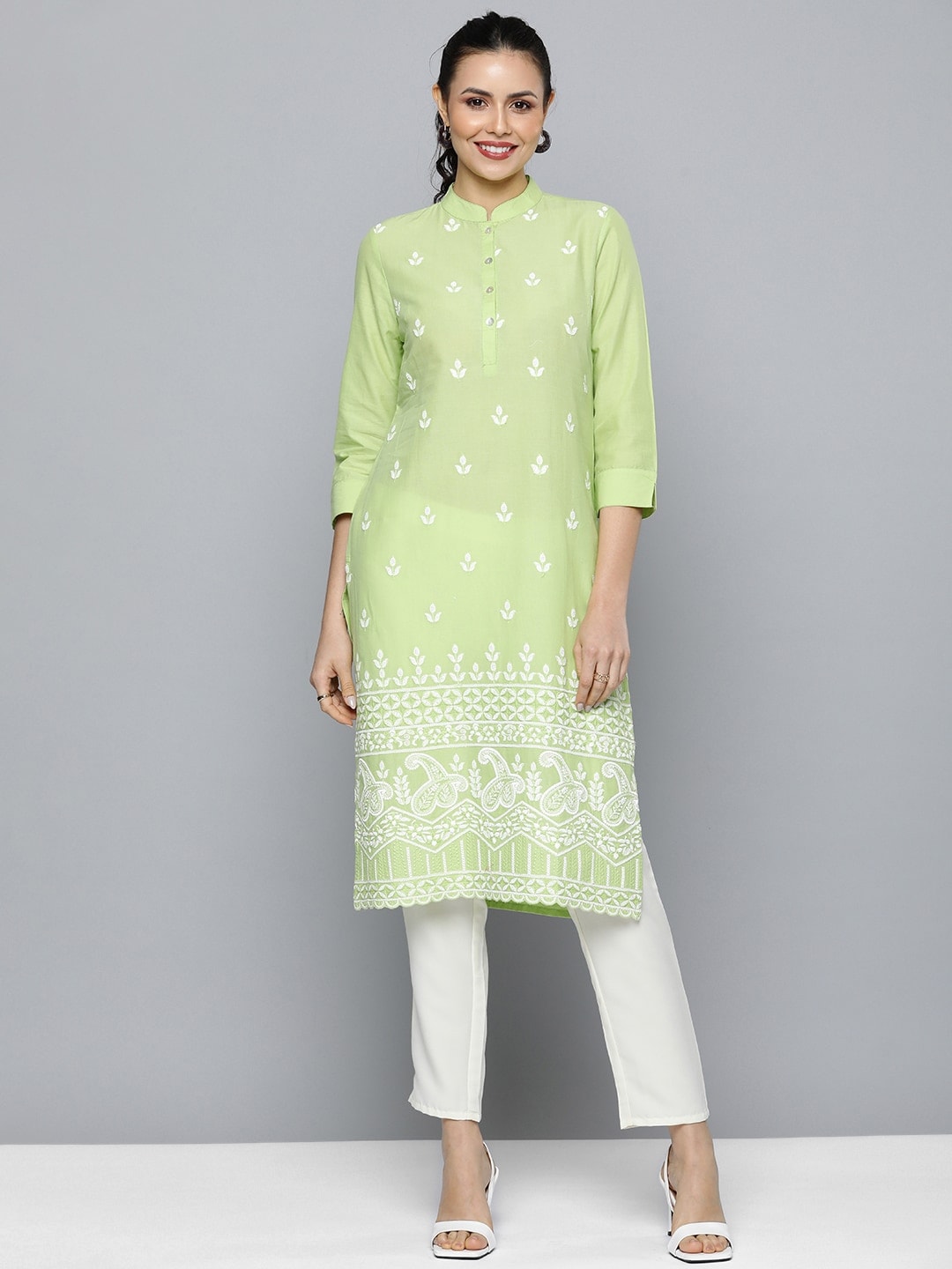 HERE&NOW Women Pure Cotton Ethnic Motifs Embroidered Thread Work Kurta - Distacart