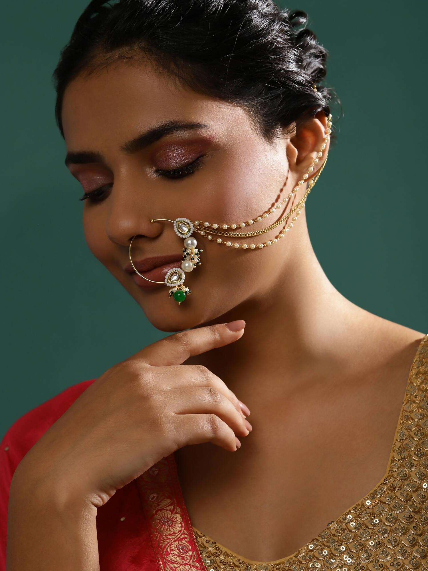 Gold-Plated White Green Kundan-Studded Pearl Beaded Nosepin - Ruby Raang - Distacart