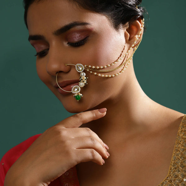 Gold-Plated White Green Kundan-Studded Pearl Beaded Nosepin - Ruby Raang - Distacart