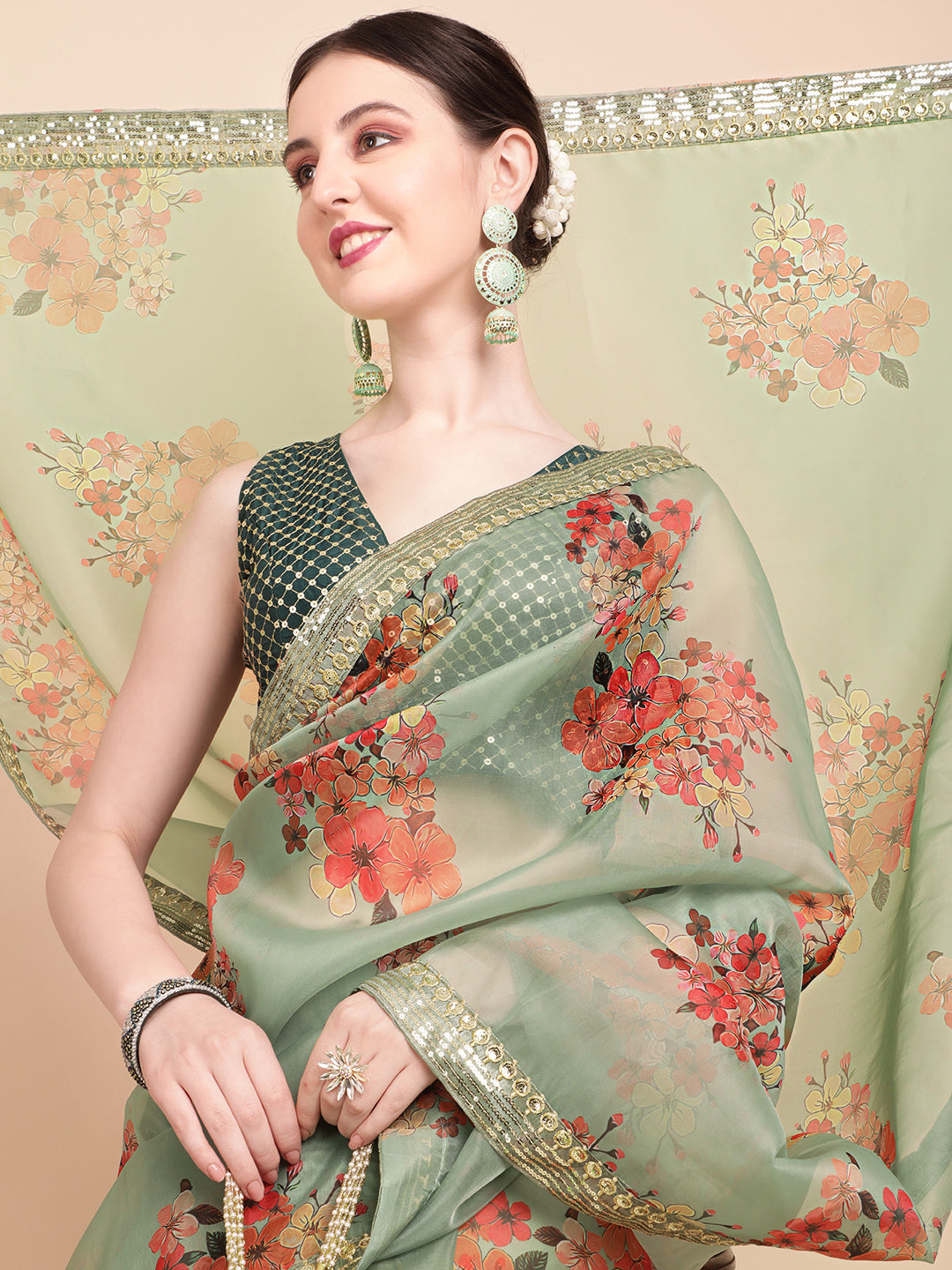 Sangria Olive Green & Red Floral Printed Organza Saree With Sequinned Blouse piece - Distacart