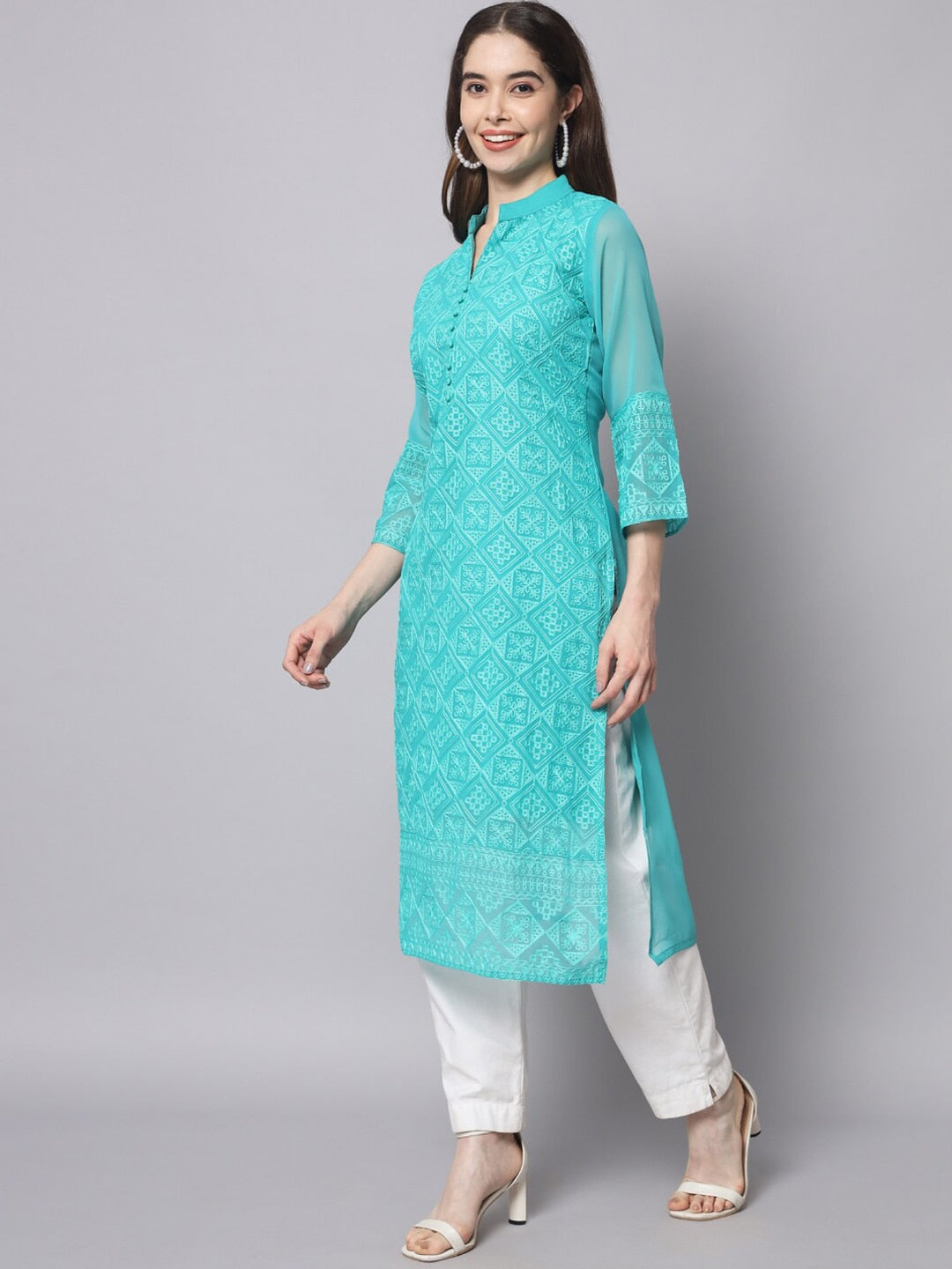 HERE&NOW Women Turquoise Blue Ethnic Motifs Embroidered Thread Work Georgette Kurta - Distacart