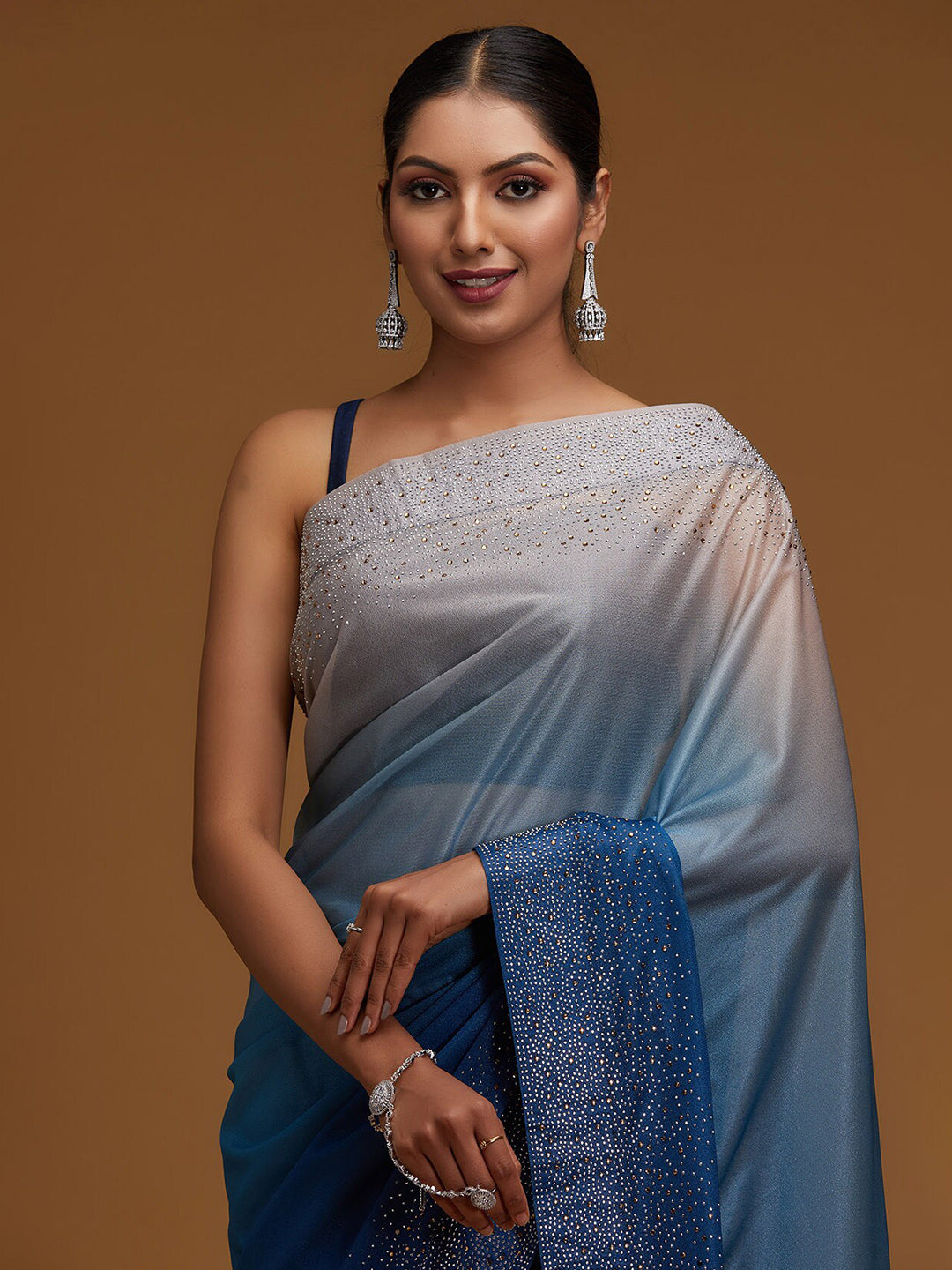 Koskii Blue & Gold-Toned Beads and Stones Tissue Saree - Distacart