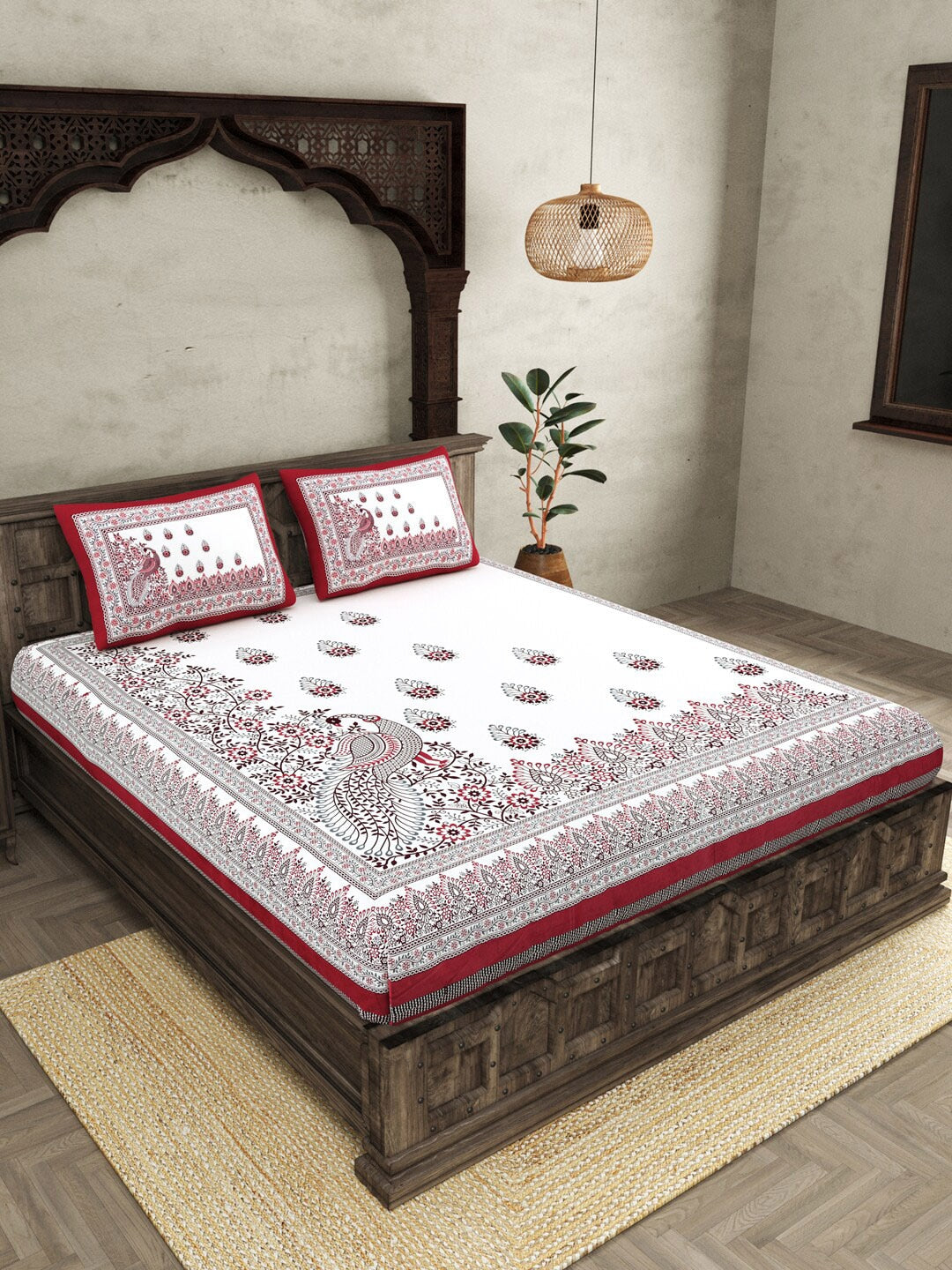 JAIPUR FABRICWhite Red Ethnic Motifs Cotton 250 TC King Bedsheet With 2 Pillow Covers - Distacart