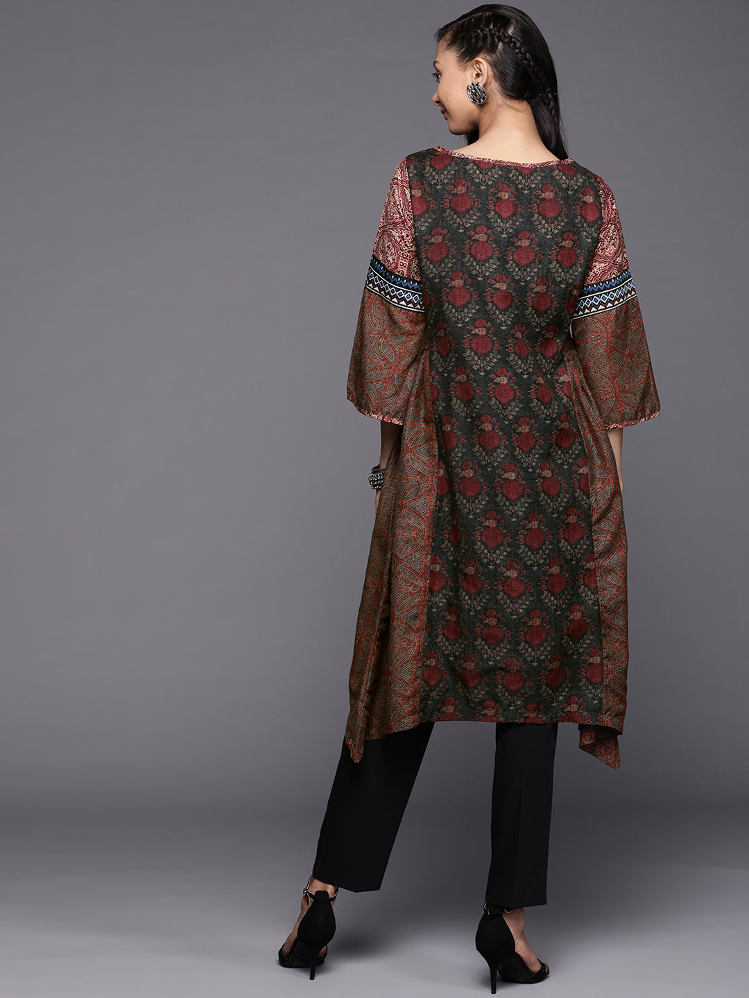 Biba Women Charcoal Grey & Maroon Ethnic Motifs Printed Asymmetric Bell Sleeves Kurta - Distacart