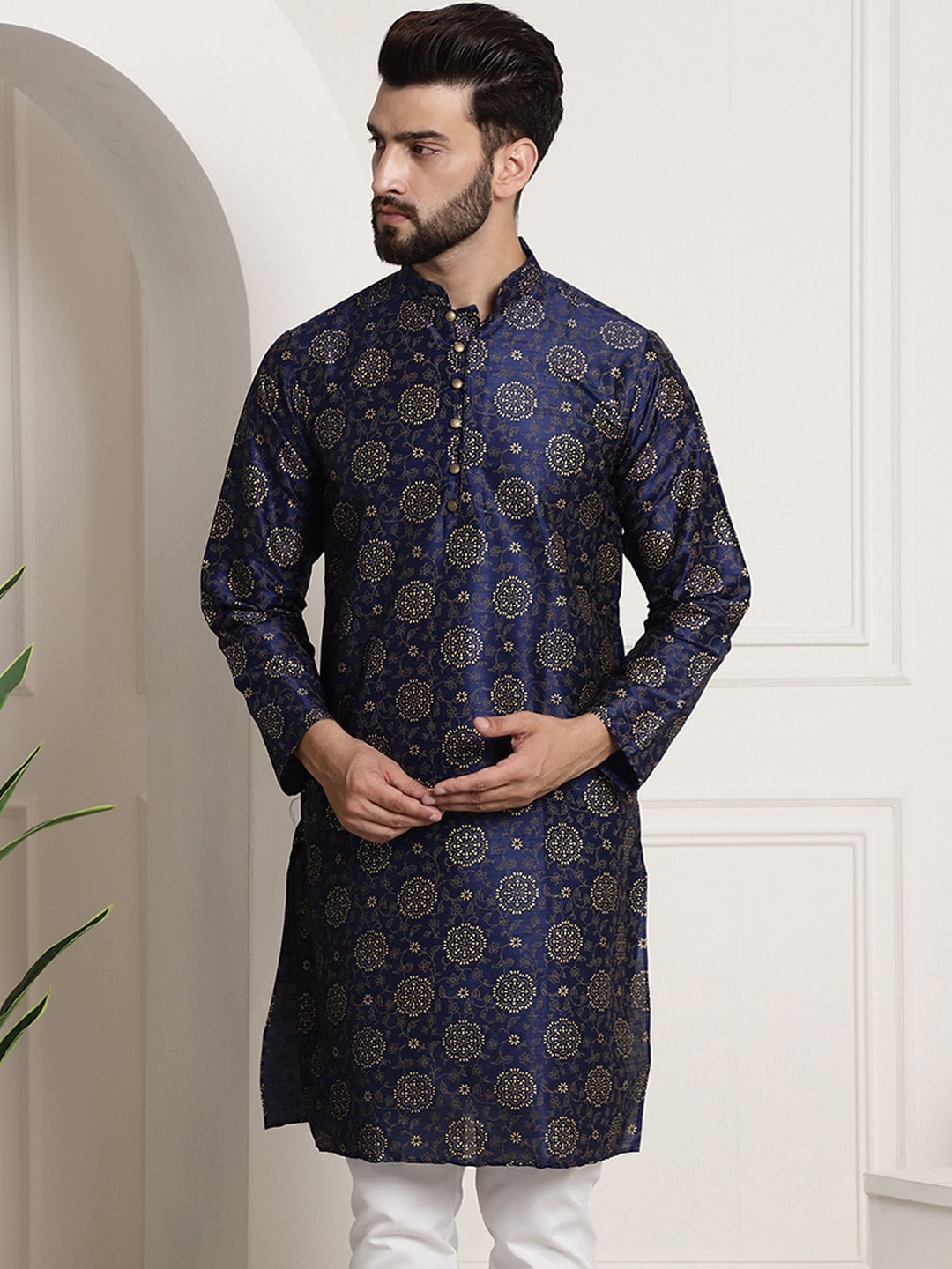 Sojanya Men Navy Blue & Golden Ethnic Motifs Printed Indigo Kurta - Distacart