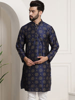 Thumbnail for Sojanya Men Navy Blue & Golden Ethnic Motifs Printed Indigo Kurta - Distacart