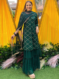 Thumbnail for Libas Women Green Regular Mirror Work Kurta with Sharara & With Dupatta - Distacart