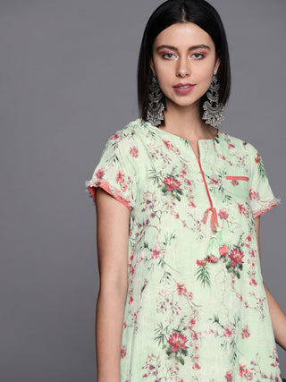 Biba Women Green & Pink Floral Printed Kurta - Distacart