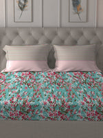 Thumbnail for MYTRIDENT Turquoise Blue Pink Floral Pure Cotton 144 TC Queen Bedsheet 2 Pillow Covers - Distacart
