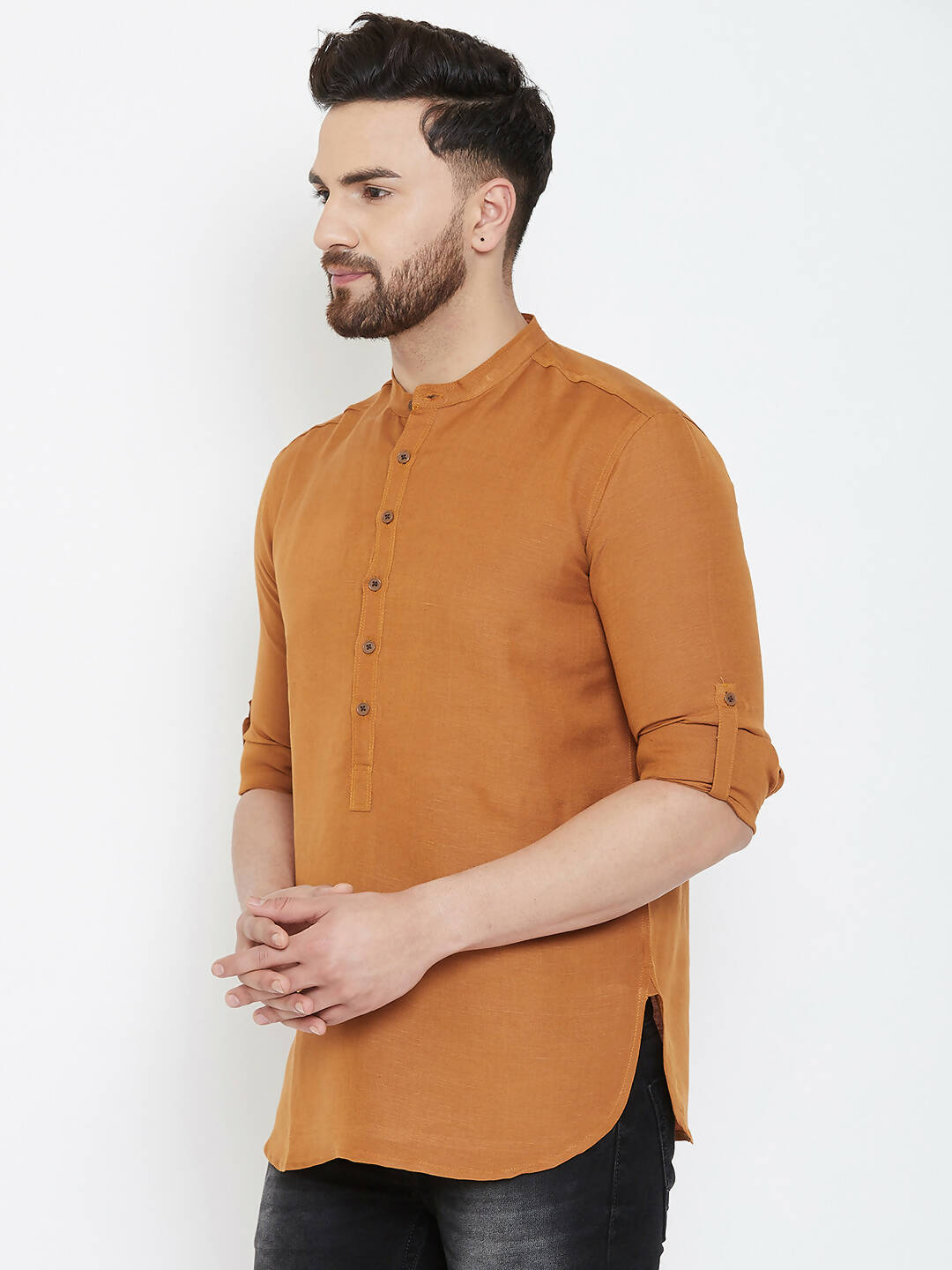 Even Apparels Brown Linen Men's Kurta With Band Collar - Distacart