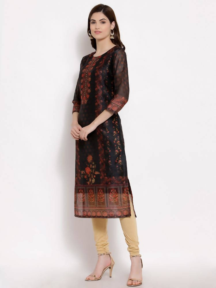 Myshka Women's Multi Chanderi Silk 3/4 Sleeve Round Neck Printed Casual kurta