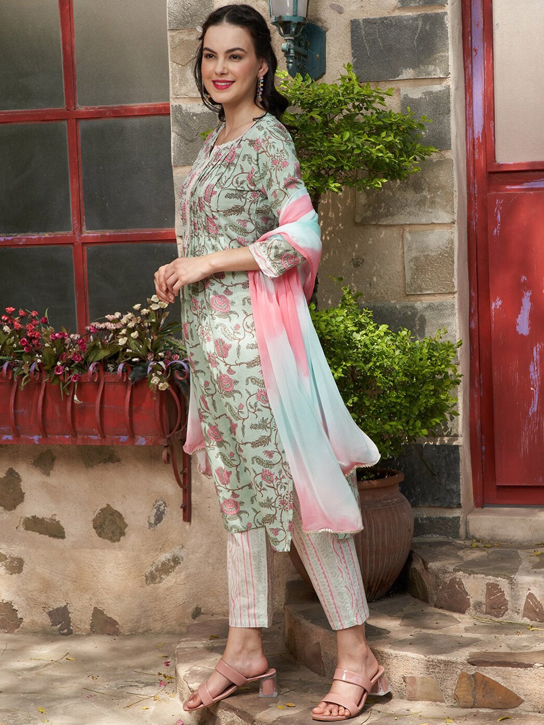 Sangria Printed Pure Cotton Straight Kurta With Trouser & Dupatta - Distacart
