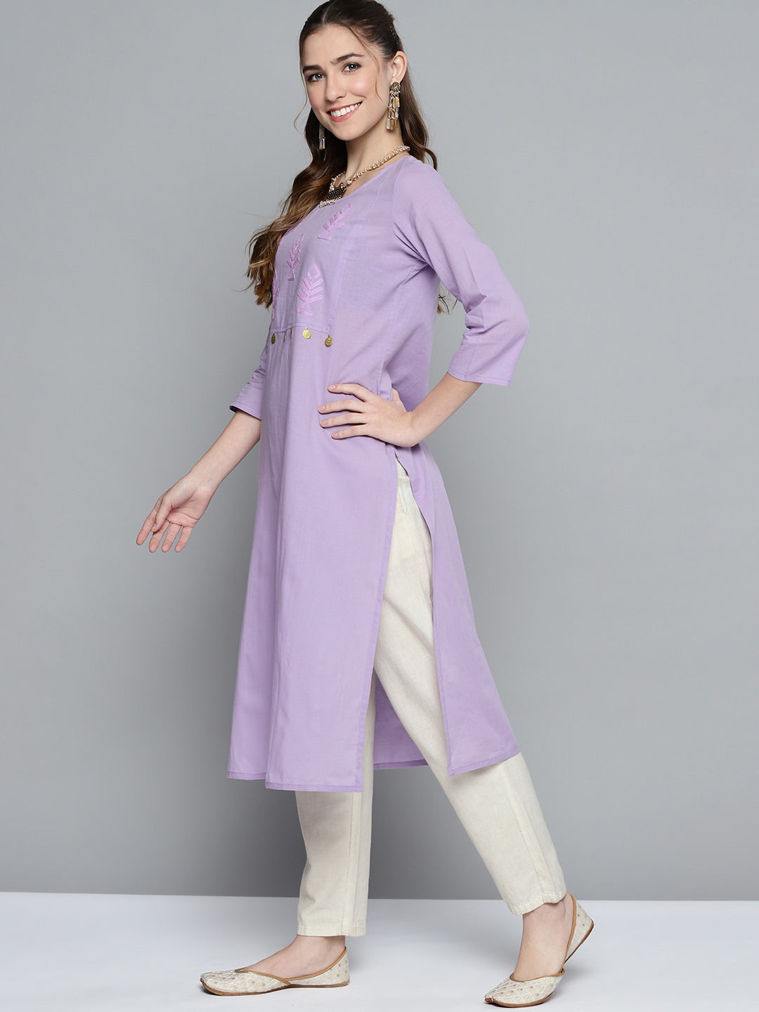 HERE&NOW Women Lavender Yoke Design Pure Cotton Thread Work Straight Kurta - Distacart