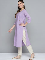 Thumbnail for HERE&NOW Women Lavender Yoke Design Pure Cotton Thread Work Straight Kurta - Distacart