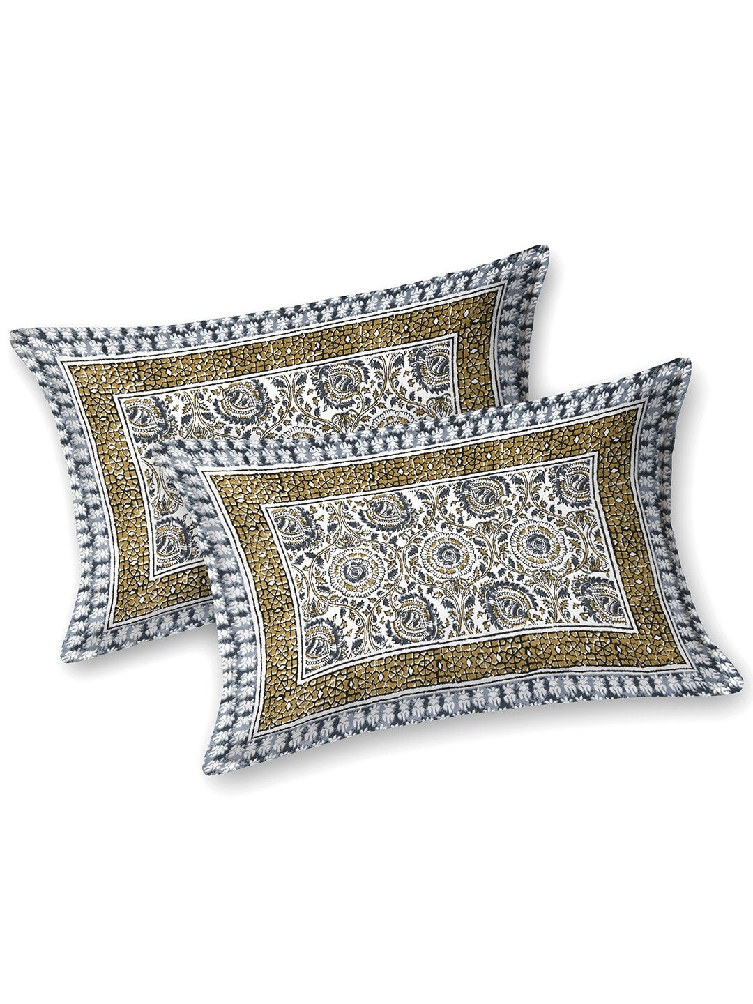 BELLA CASA Ethic White & Blue Printed Cotton 180 TC King Bedsheet with 2 Pillow Covers - Distacart