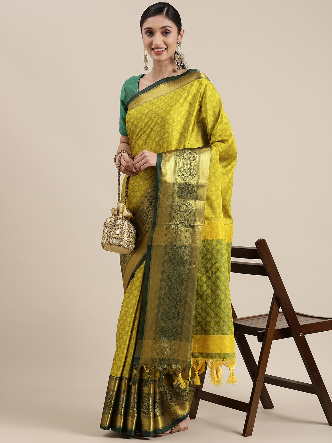 Mitera Olive Green Ethnic Motifs Zari Silk Cotton Banarasi Saree - Distacart