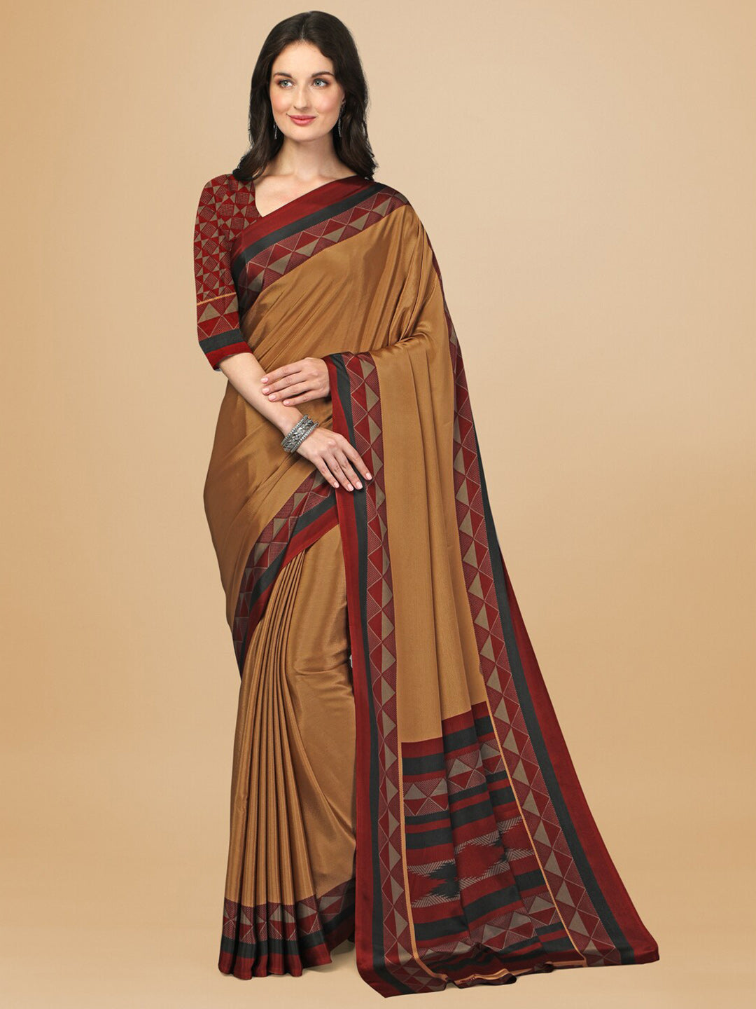 Sangria Beige & Red Pure Crepe Saree - Distacart