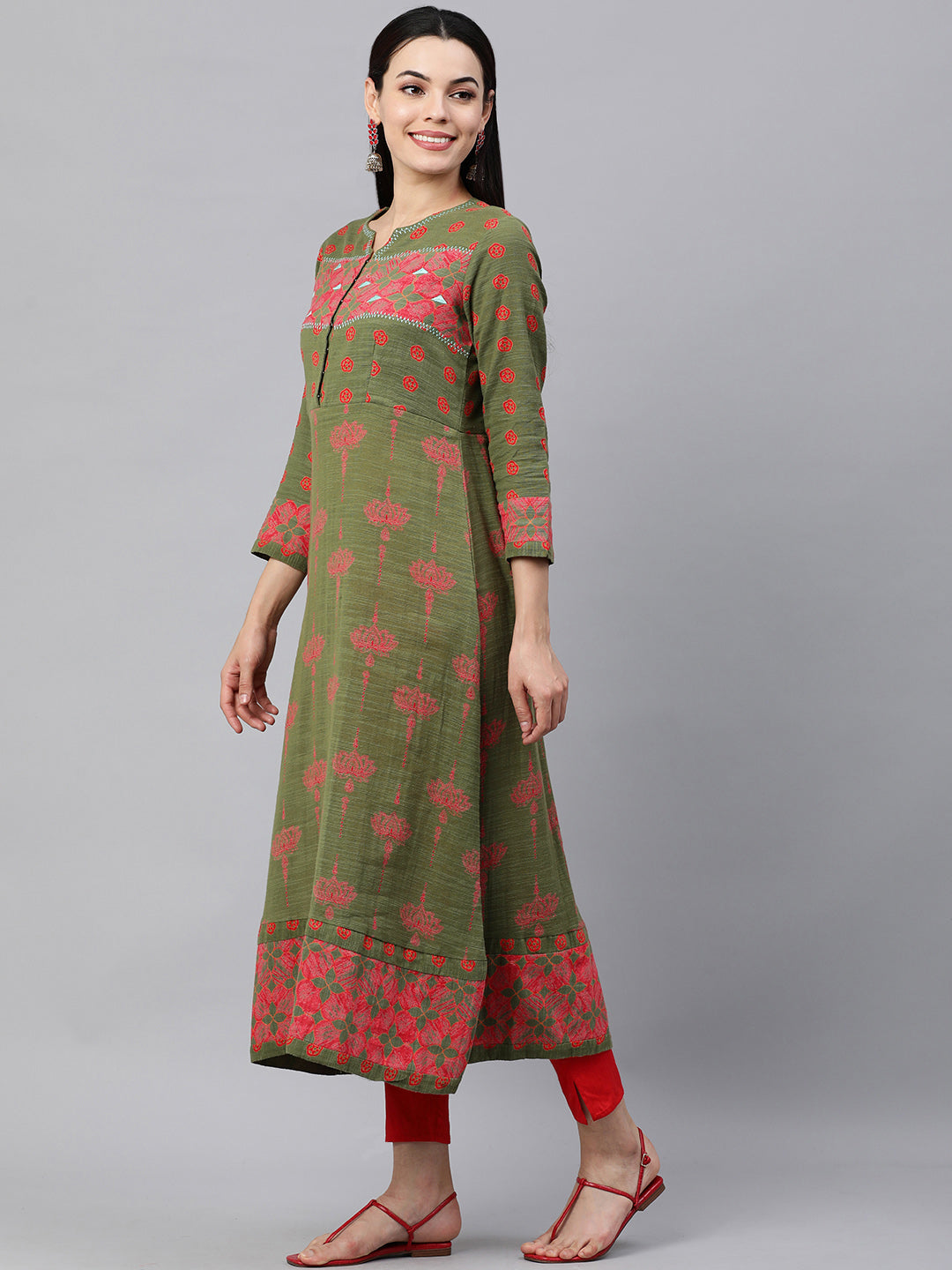 Kalini Women Green & Pink Ethnic Motifs Printed Pure Cotton Kurta - Distacart