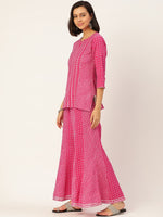 Thumbnail for HERE&NOW Women Pink Leheriya Printed Pure Cotton Kurti With Palazzo And Dupatta - Distacart