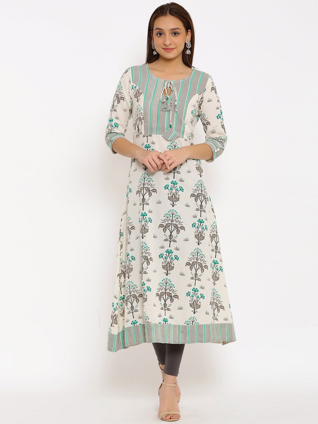 HERE&NOW Off-White & Grey Floral Printed Cotton Flax A-Line Kurta - Distacart