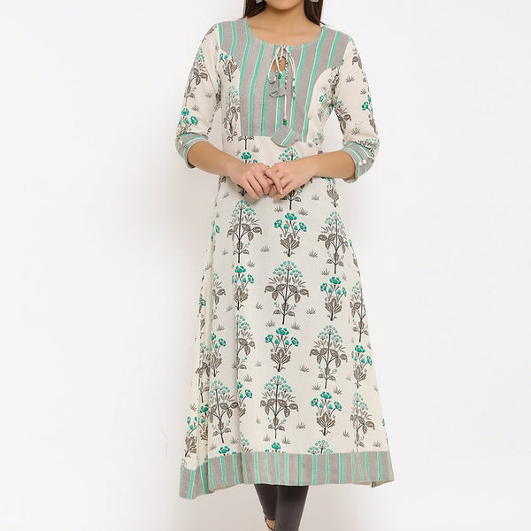 HERE&NOW Off-White & Grey Floral Printed Cotton Flax A-Line Kurta - Distacart