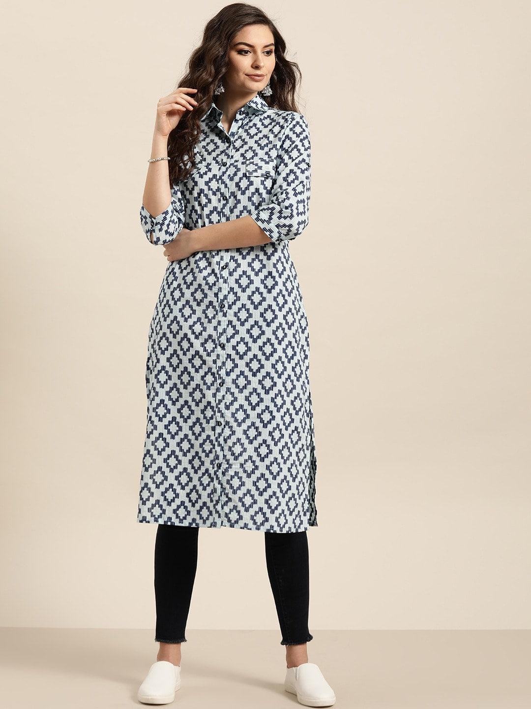 Sangria Women Navy Blue & Grey Pure Cotton Geometric Printed Kurta - Distacart