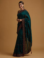 Thumbnail for Koskii Green & Red Embroidered Art Silk Saree - Distacart