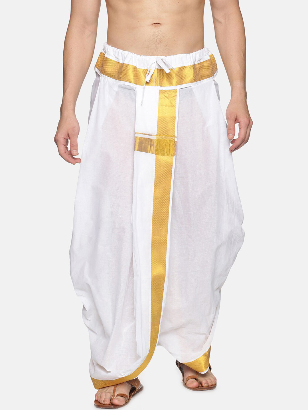 Sethukrishna Men White & Gold-Coloured Solid Readymade Dhoti Pant - Distacart