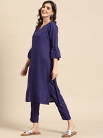 Thumbnail for Sangria Bell Sleeves Solid Straight Kurta With Trousers - Distacart
