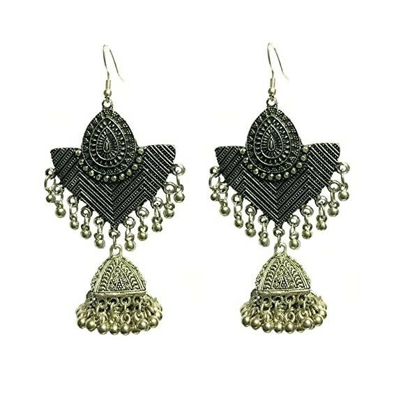 Tiaraa Silver Alloy Oxidised Ethnic Silver Beaded Jhumki Dangle Earrings For Women - Distacart